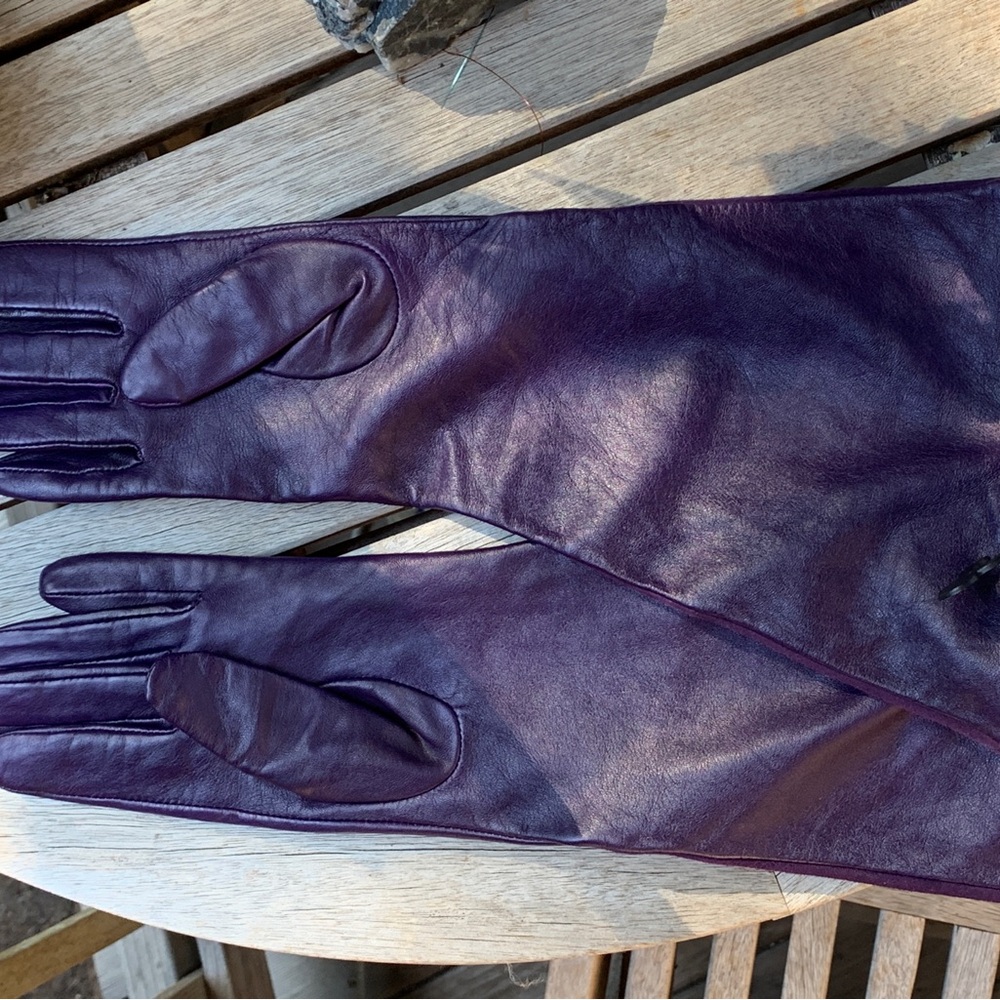 Ladies long purple gloves. Leather, silk lined. Fashion expressions. Size M. NWT